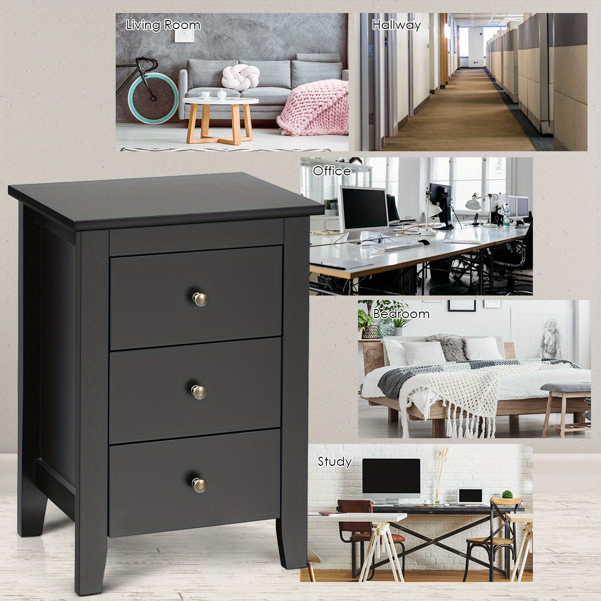 Set of 2 Nightstand End Beside Sofa Table w/ 3 Drawers Bedroom Furniture Black