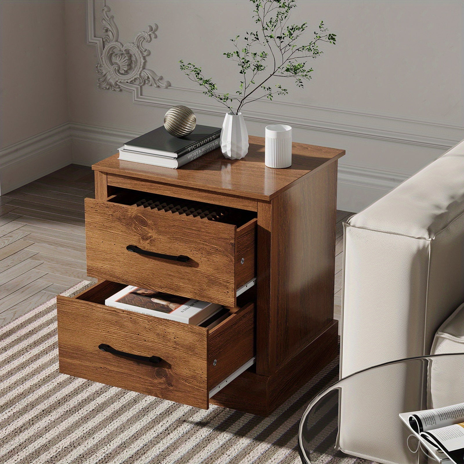 2 Drawer Nightstand Bedside Table Compact Sofa End Table Rustic Walnut