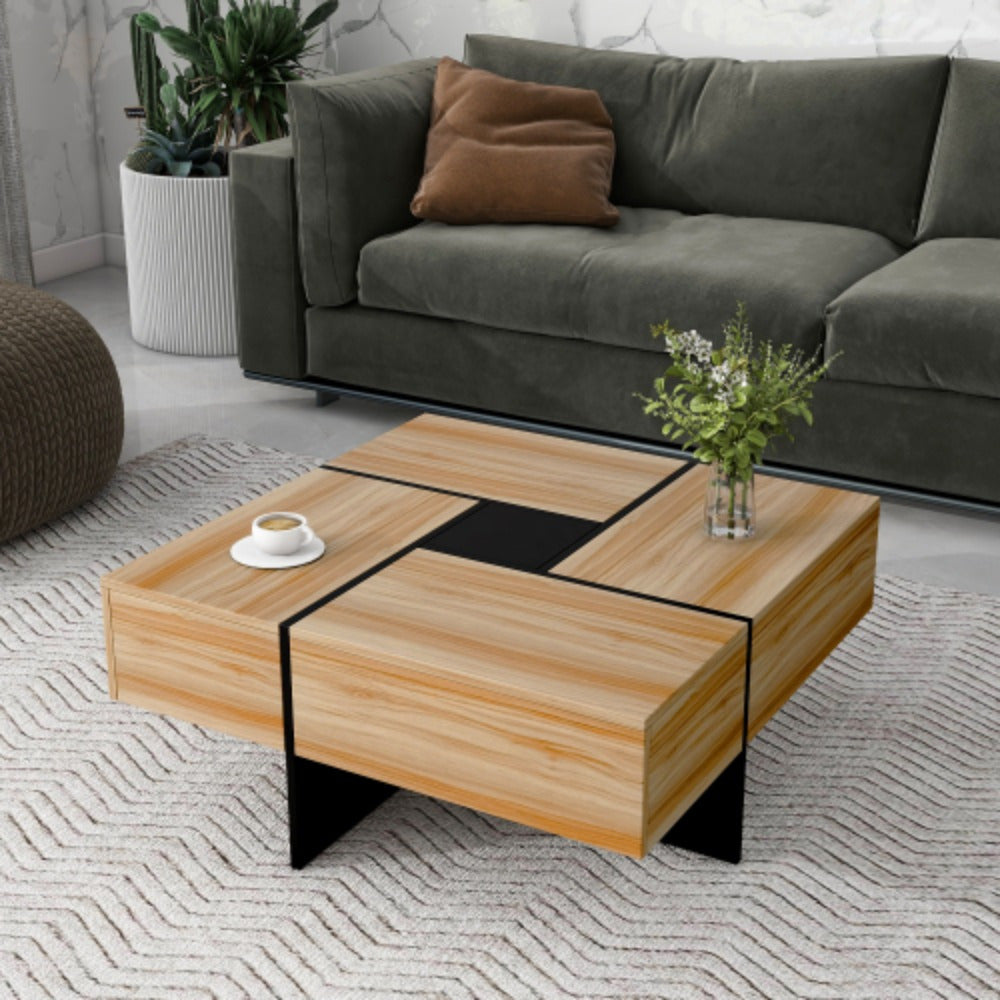 Unique Design Coffee Table with 4 Hidden Storage Compartments, Square Cocktail Table with Extendable Sliding Tabletop, UV High-Gloss Design Center Table for Living Room, Brown