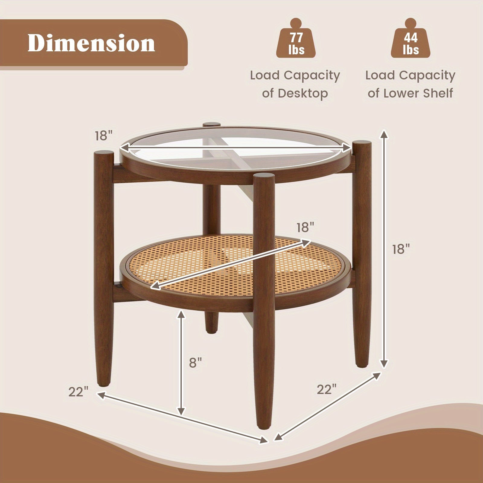 2-Tier Round Side End Table PE Rattan Sofa Nightstand Tempered Glass Tabletop