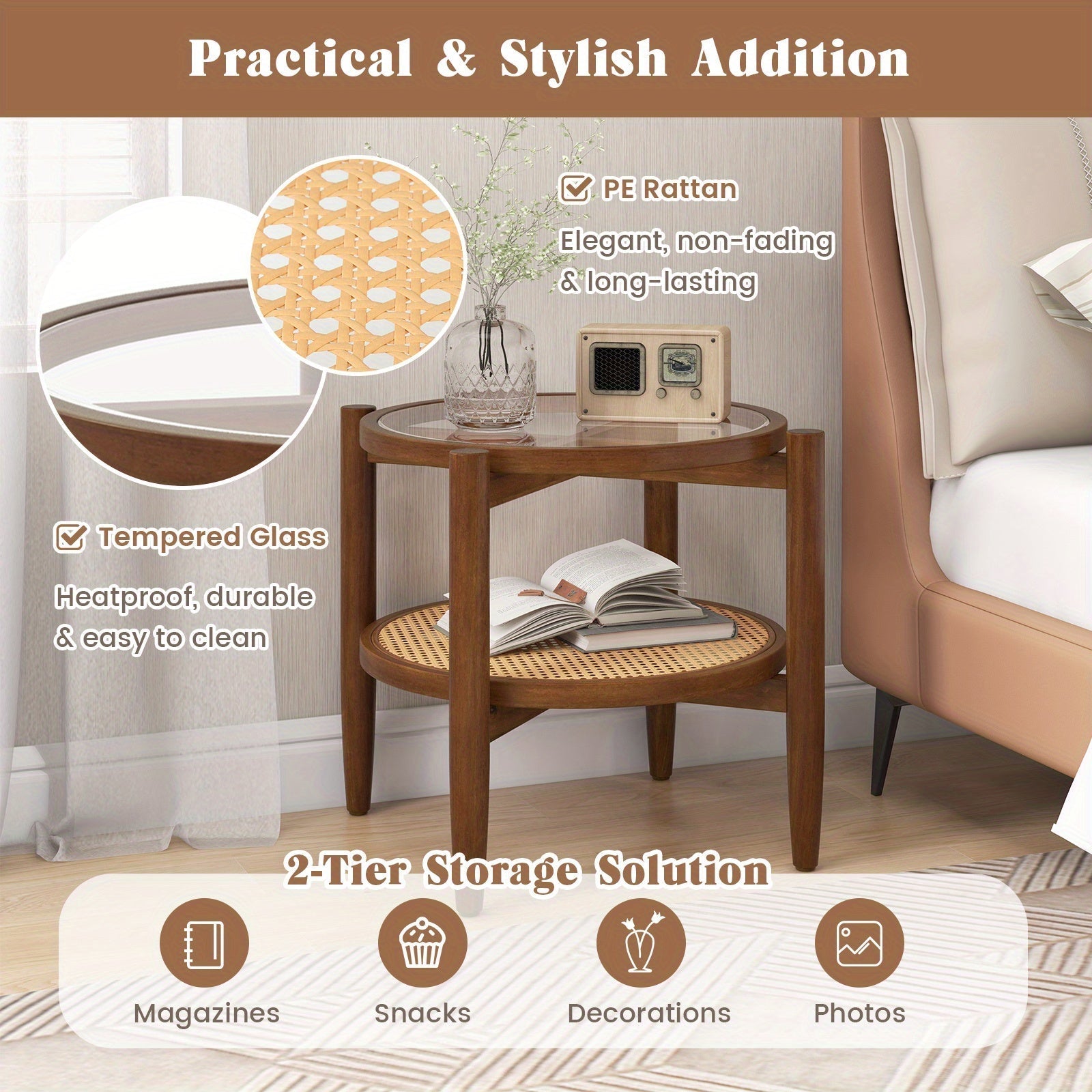 2-Tier Round Side End Table PE Rattan Sofa Nightstand Tempered Glass Tabletop