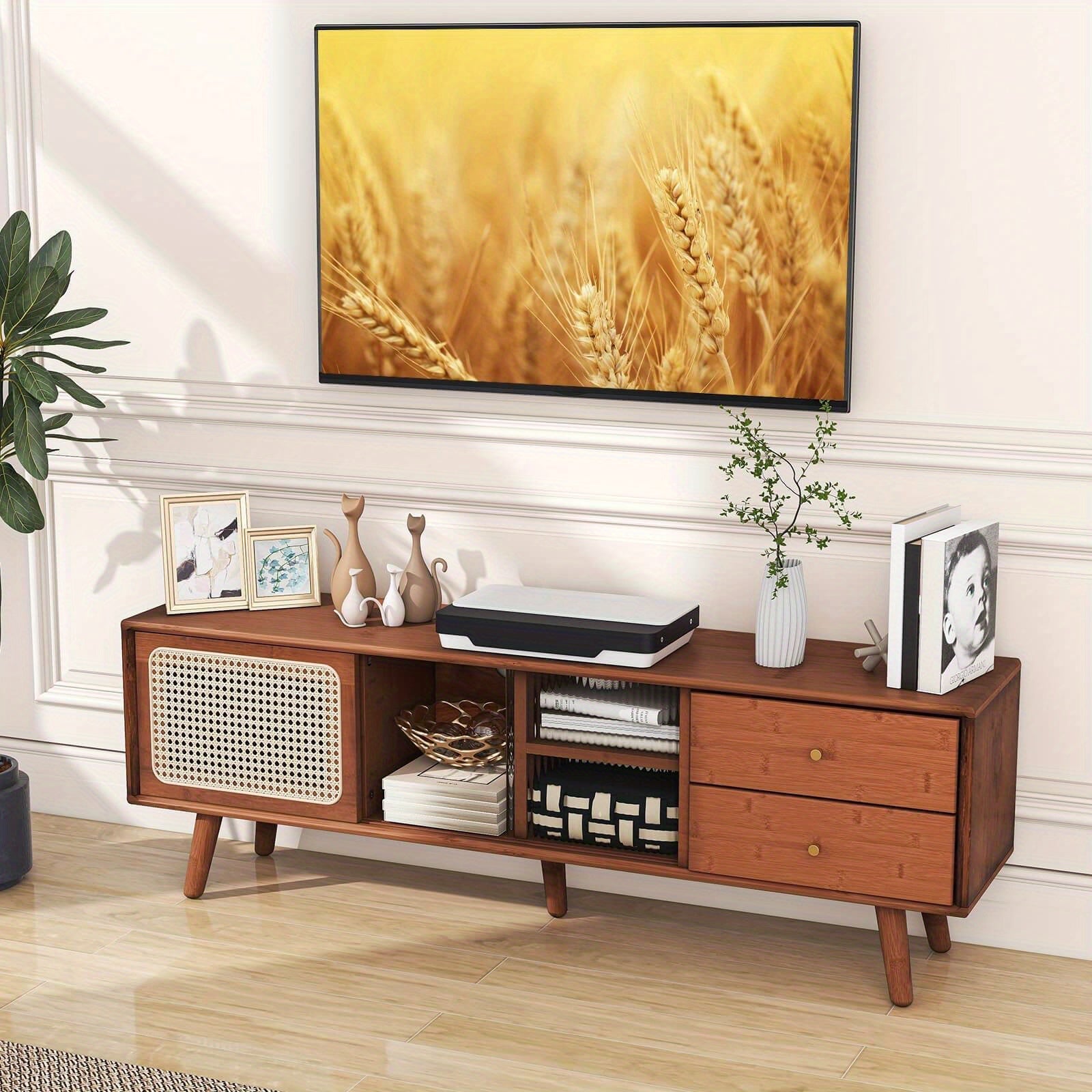 Bamboo TV Stand Console Table w/ PE Rattan  Door & 2 Drawers for TV up to 65"