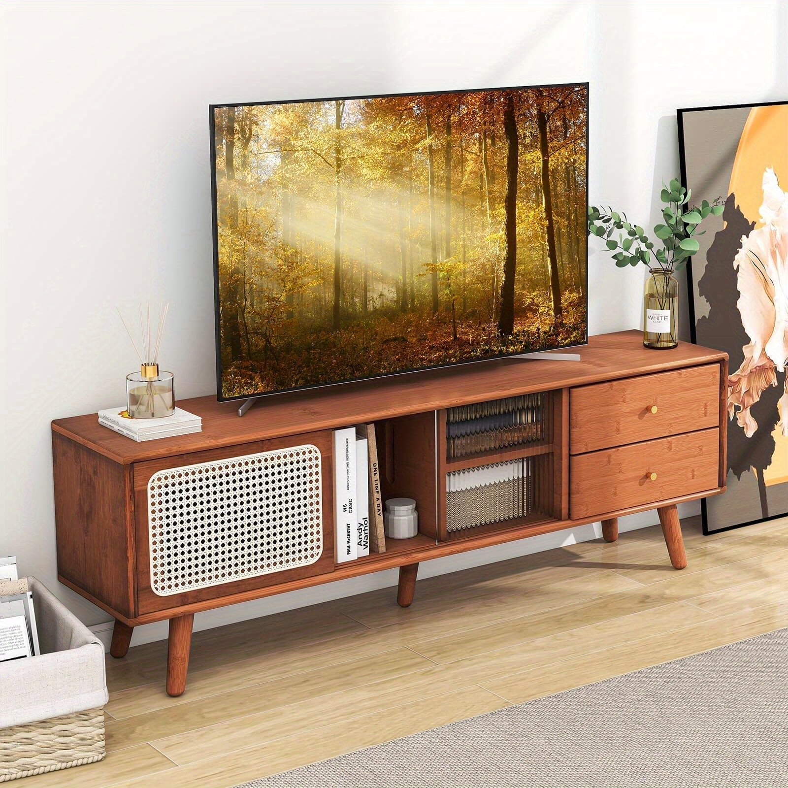 Bamboo TV Stand Console Table w/ PE Rattan  Door & 2 Drawers for TV up to 65"