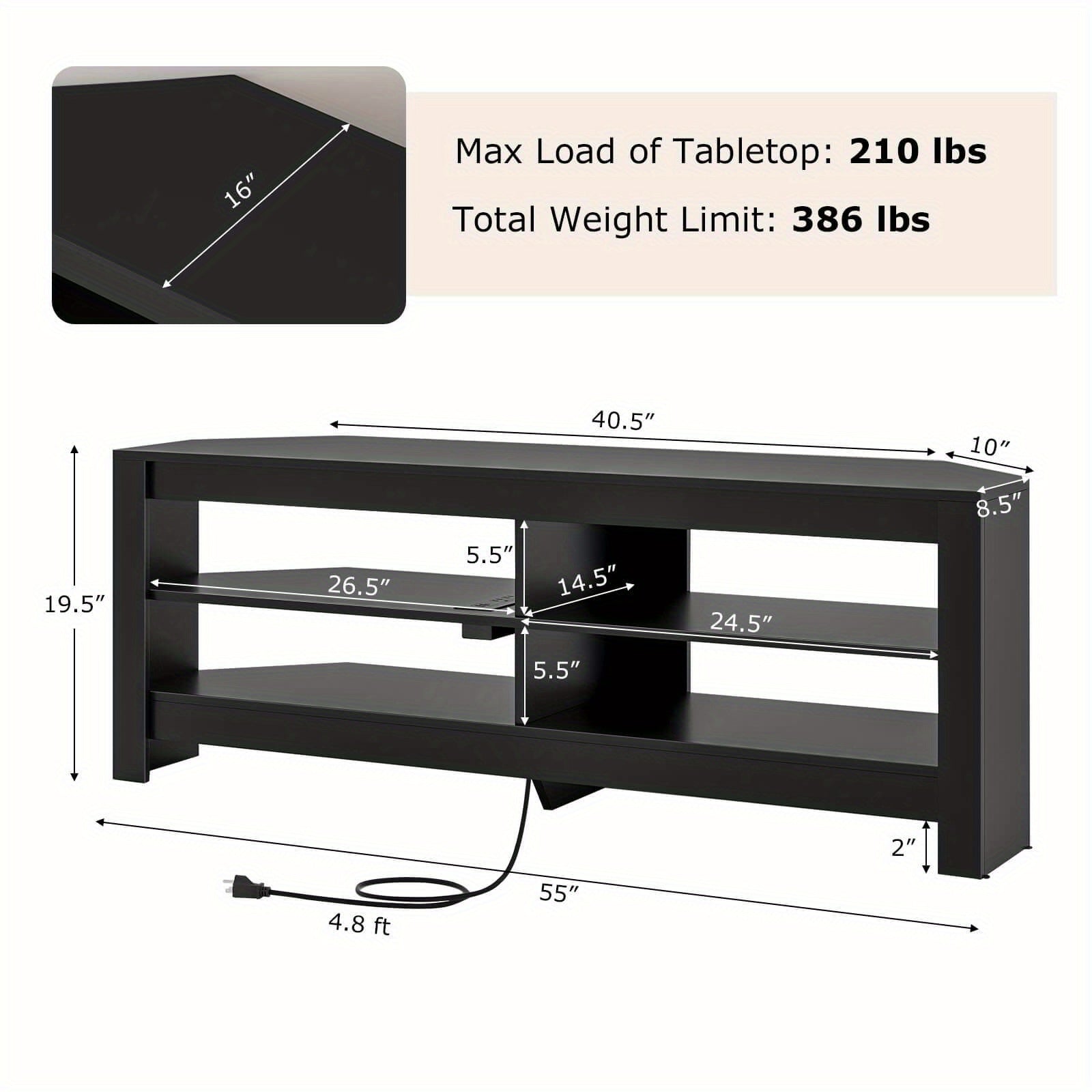 3-Tier Corner TV Stand with Power Outlet 4 Open Storage Shelves for Living Room