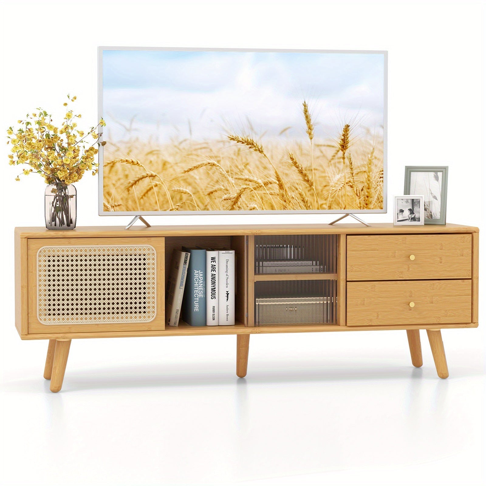 Bamboo TV Stand Console Table w/ PE Rattan  Door & 2 Drawers for TV up to 165cm