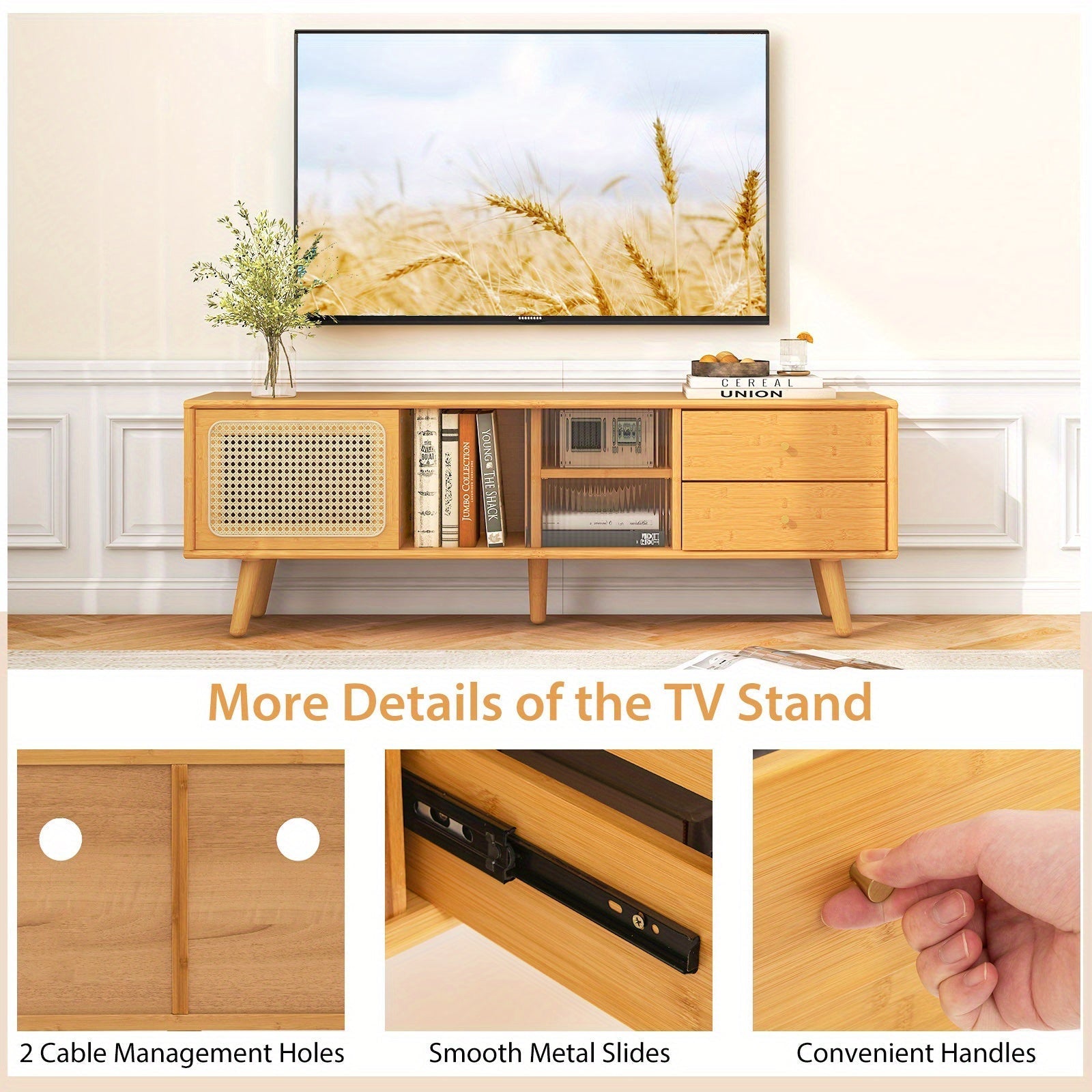 Bamboo TV Stand Console Table w/ PE Rattan  Door & 2 Drawers for TV up to 165cm