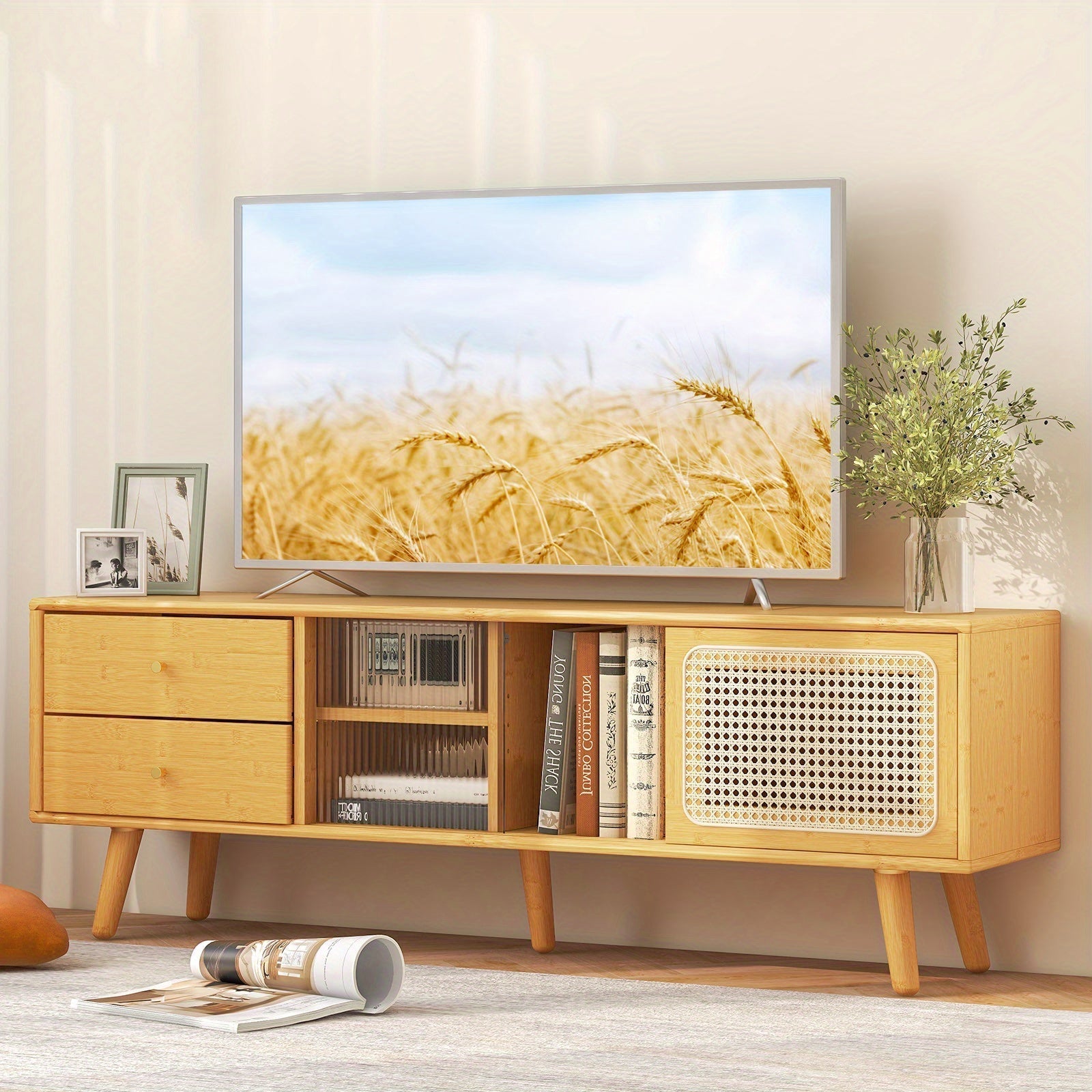 Bamboo TV Stand Console Table w/ PE Rattan  Door & 2 Drawers for TV up to 165cm