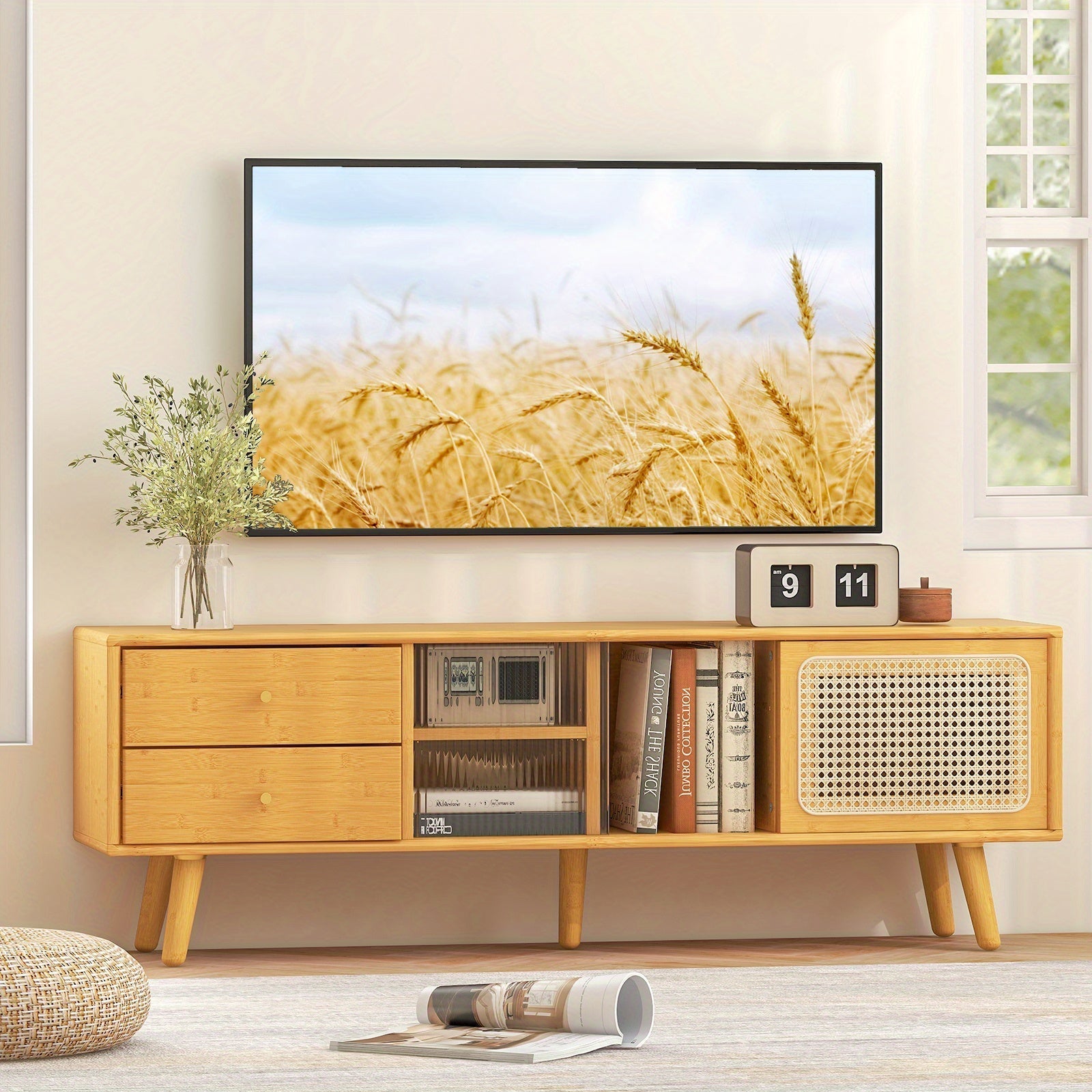 Bamboo TV Stand Console Table w/ PE Rattan  Door & 2 Drawers for TV up to 165cm