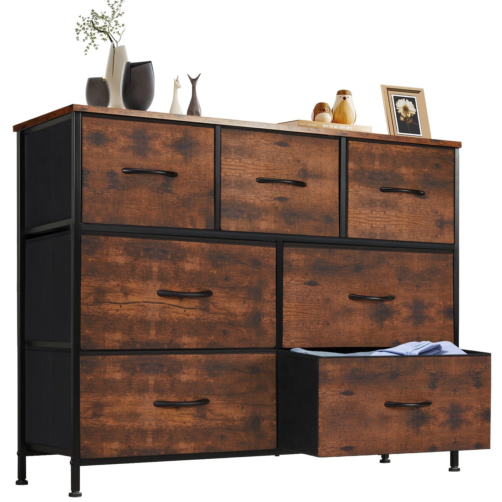 Dresser For Bedroom, TV Stand Fabric Storage Bins With 7 Drawers Storage Fabric Drawers, Chest Of Drawers With Wooden Top For TV Up To 45 Inches Storage Drawer Units