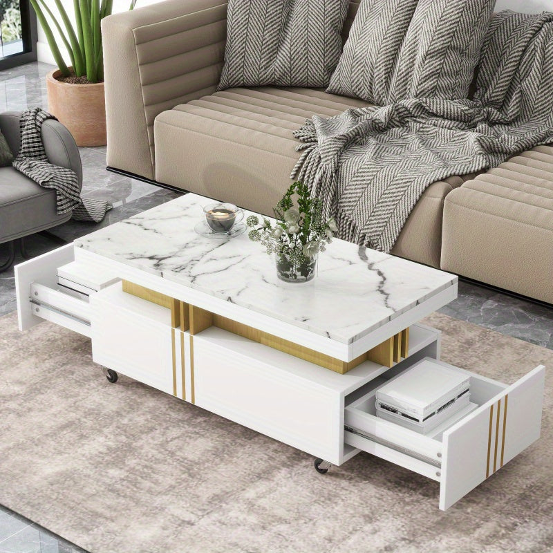 Contemporary Coffee Table With Faux Marble Top, Rectangle Cocktail Table With Caster Wheels, Moderate Luxury Center Table With Golden Metal Bars For Living Room