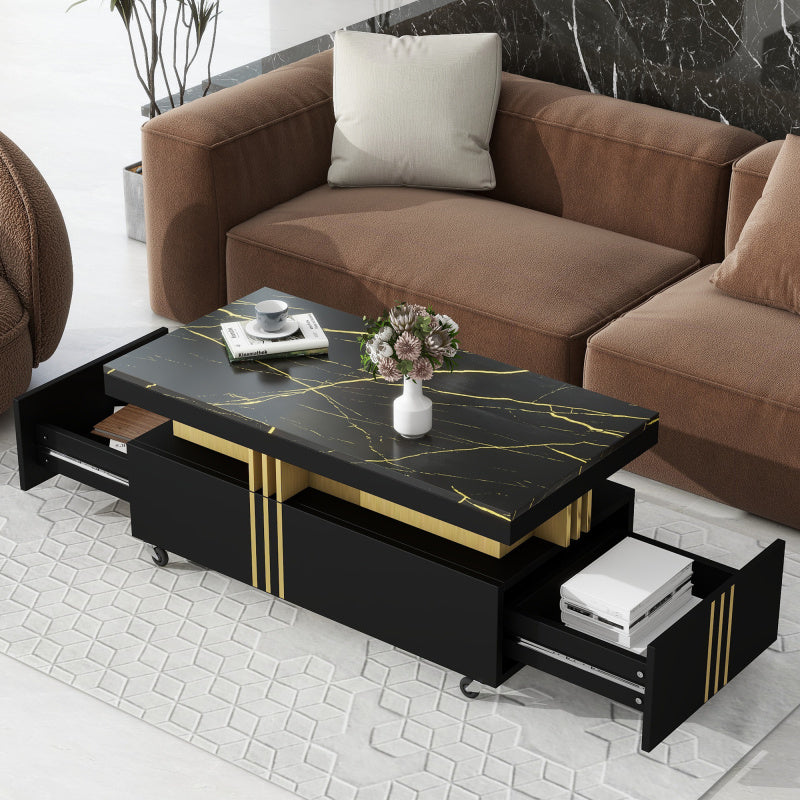 Contemporary Coffee Table With Faux Marble Top, Rectangle Cocktail Table With Caster Wheels, Moderate Luxury Center Table With Golden Metal Bars For Living Room