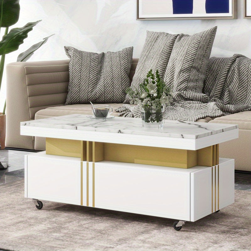 Contemporary Coffee Table With Faux Marble Top, Rectangle Cocktail Table With Caster Wheels, Moderate Luxury Center Table With Golden Metal Bars For Living Room