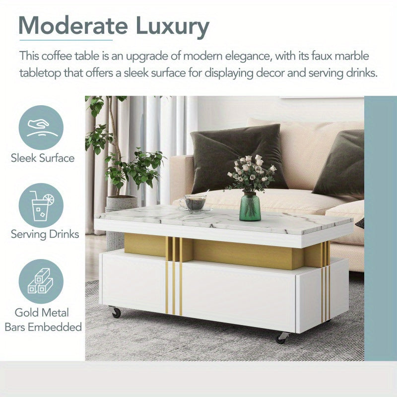 Contemporary Coffee Table With Faux Marble Top, Rectangle Cocktail Table With Caster Wheels, Moderate Luxury Center Table With Golden Metal Bars For Living Room