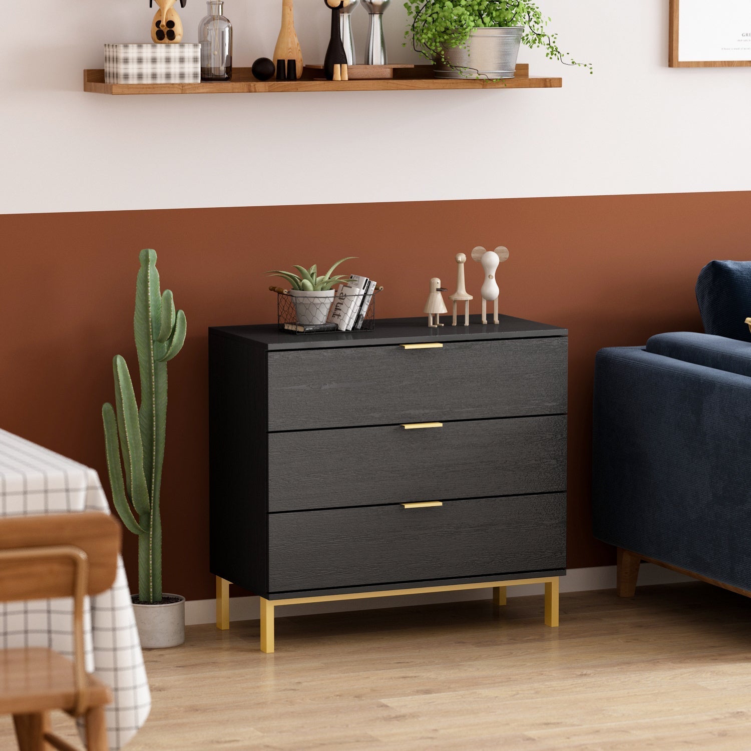 Nightstands with 3 Drawers Bedside Table 3 Drawer Dresser, Large Nightstand with Gold Metal Legs for Bedroom