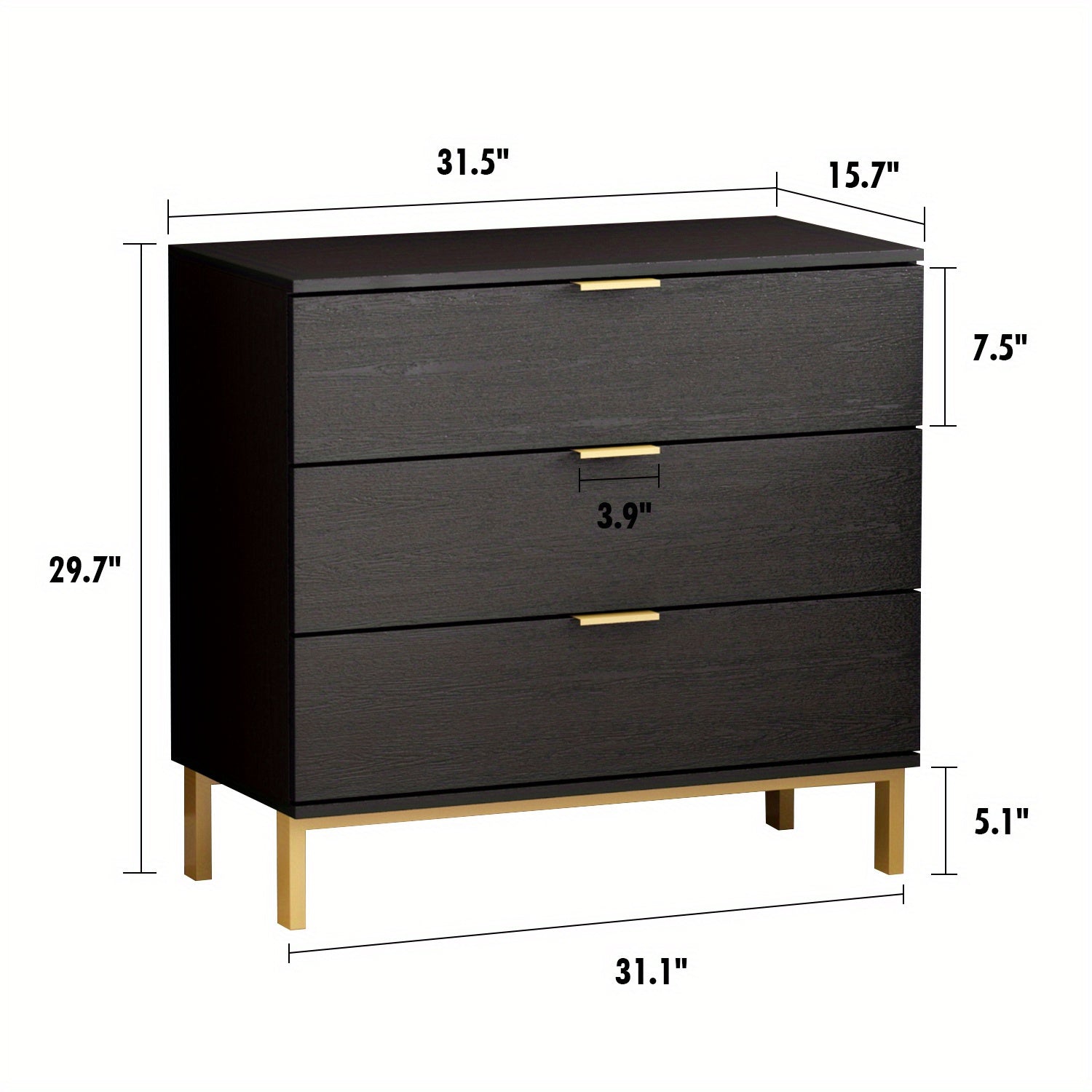 Nightstands with 3 Drawers Bedside Table 3 Drawer Dresser, Large Nightstand with Gold Metal Legs for Bedroom