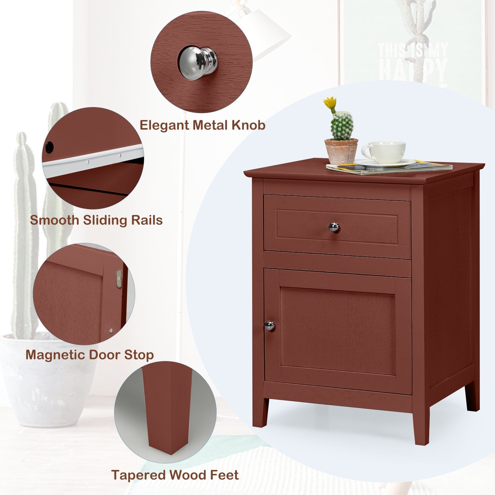 Nightstand with Drawer Accent Side End Table Storage Cabinet Cherry