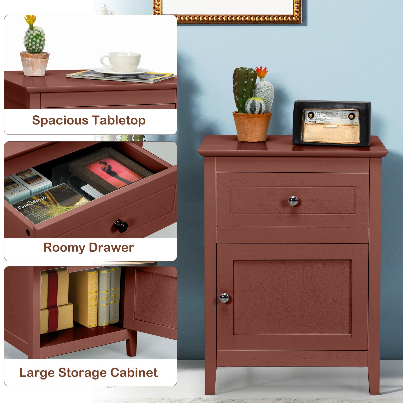 Nightstand with Drawer Accent Side End Table Storage Cabinet Cherry