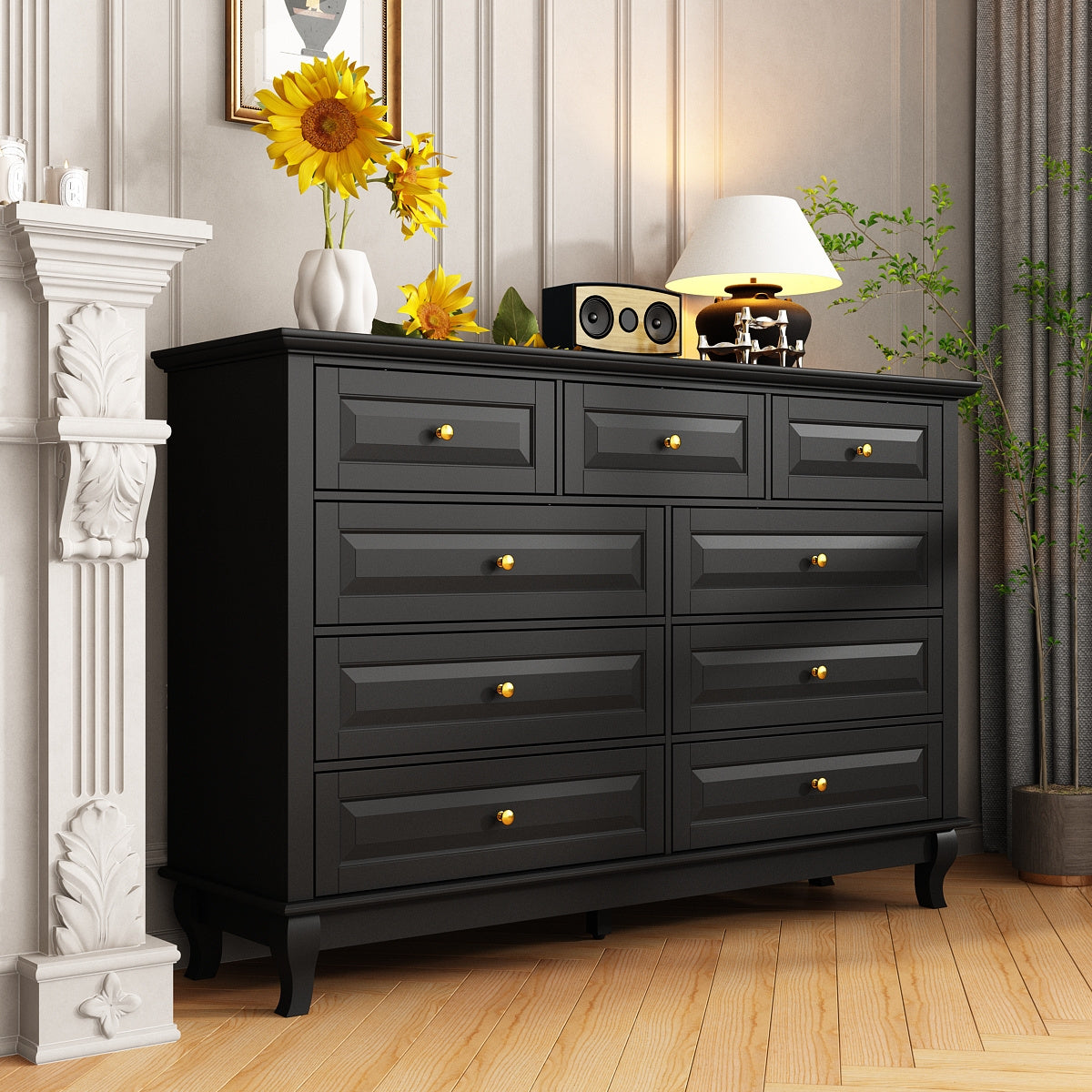 Chest of Drawers 9 Drawer Dresser, Modern Contemporary Dresser with Golden Handles, Wooden Legs, Dresser for Bedroom