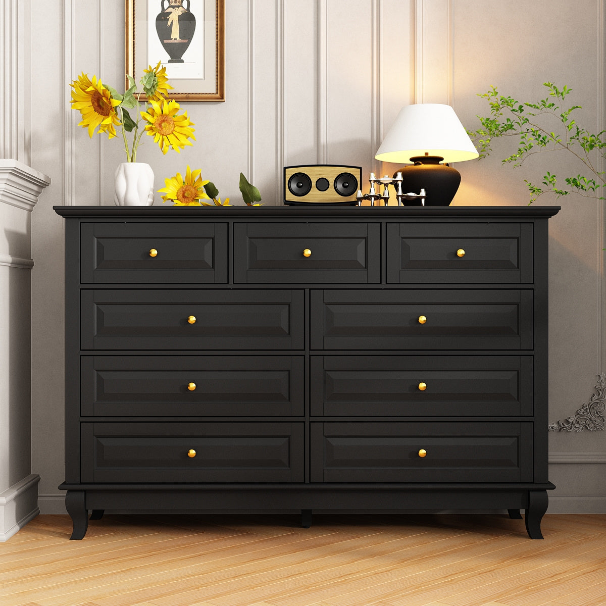 Chest of Drawers 9 Drawer Dresser, Modern Contemporary Dresser with Golden Handles, Wooden Legs, Dresser for Bedroom