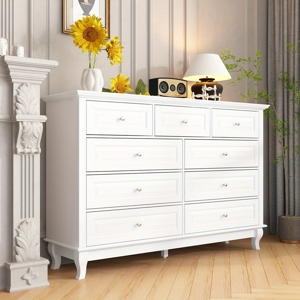 Chest of Drawers 9 Drawer Dresser, Modern Contemporary Dresser with Golden Handles, Wooden Legs, Dresser for Bedroom