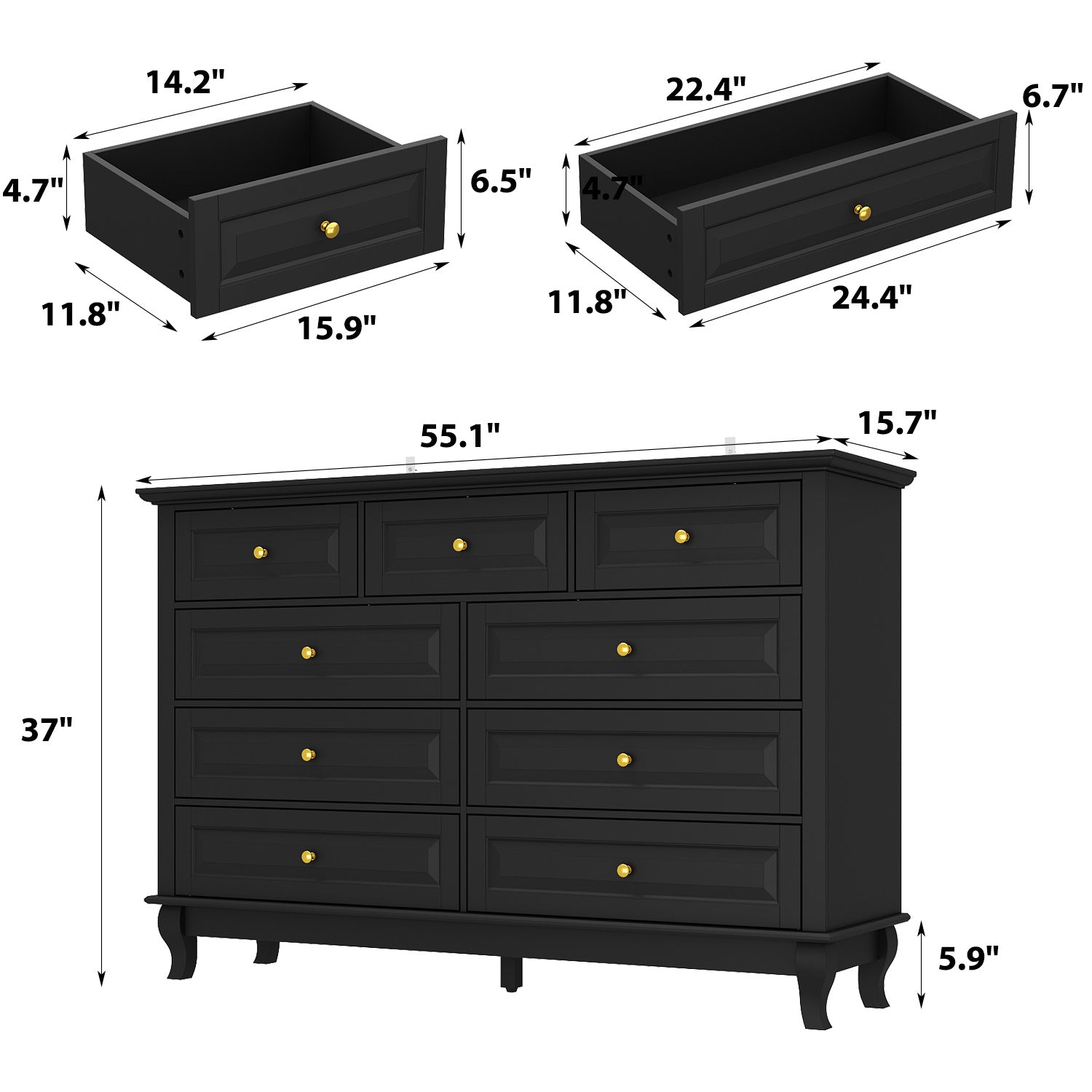 Chest of Drawers 9 Drawer Dresser, Modern Contemporary Dresser with Golden Handles, Wooden Legs, Dresser for Bedroom