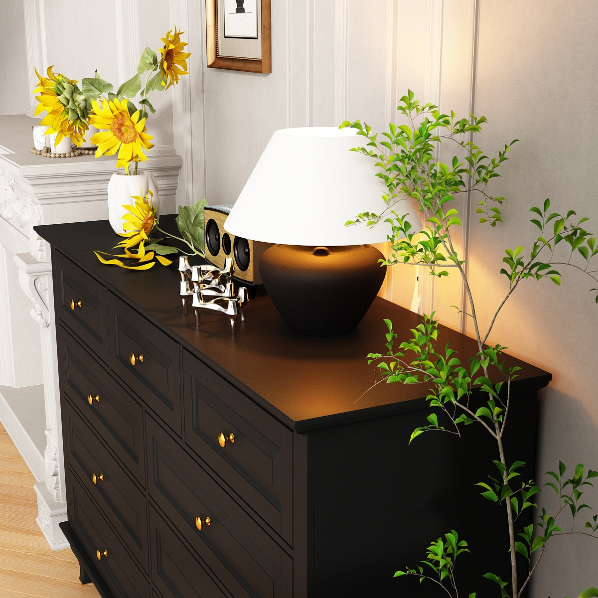 Chest of Drawers 9 Drawer Dresser, Modern Contemporary Dresser with Golden Handles, Wooden Legs, Dresser for Bedroom