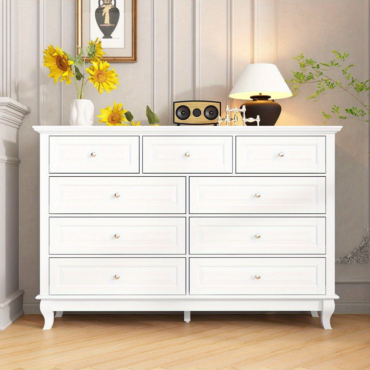 Chest of Drawers 9 Drawer Dresser, Modern Contemporary Dresser with Golden Handles, Wooden Legs, Dresser for Bedroom