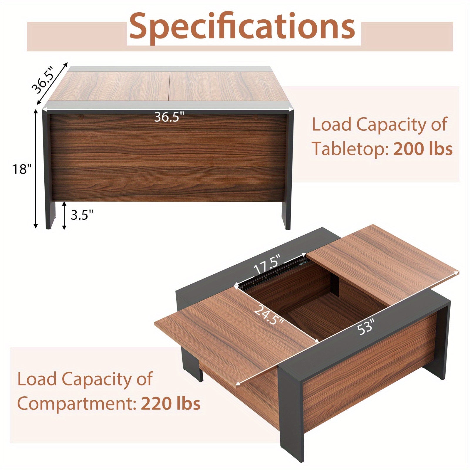 96cm Coffee Table Square Cocktail Tea Table w/ Sliding Top & Hidden Compartment