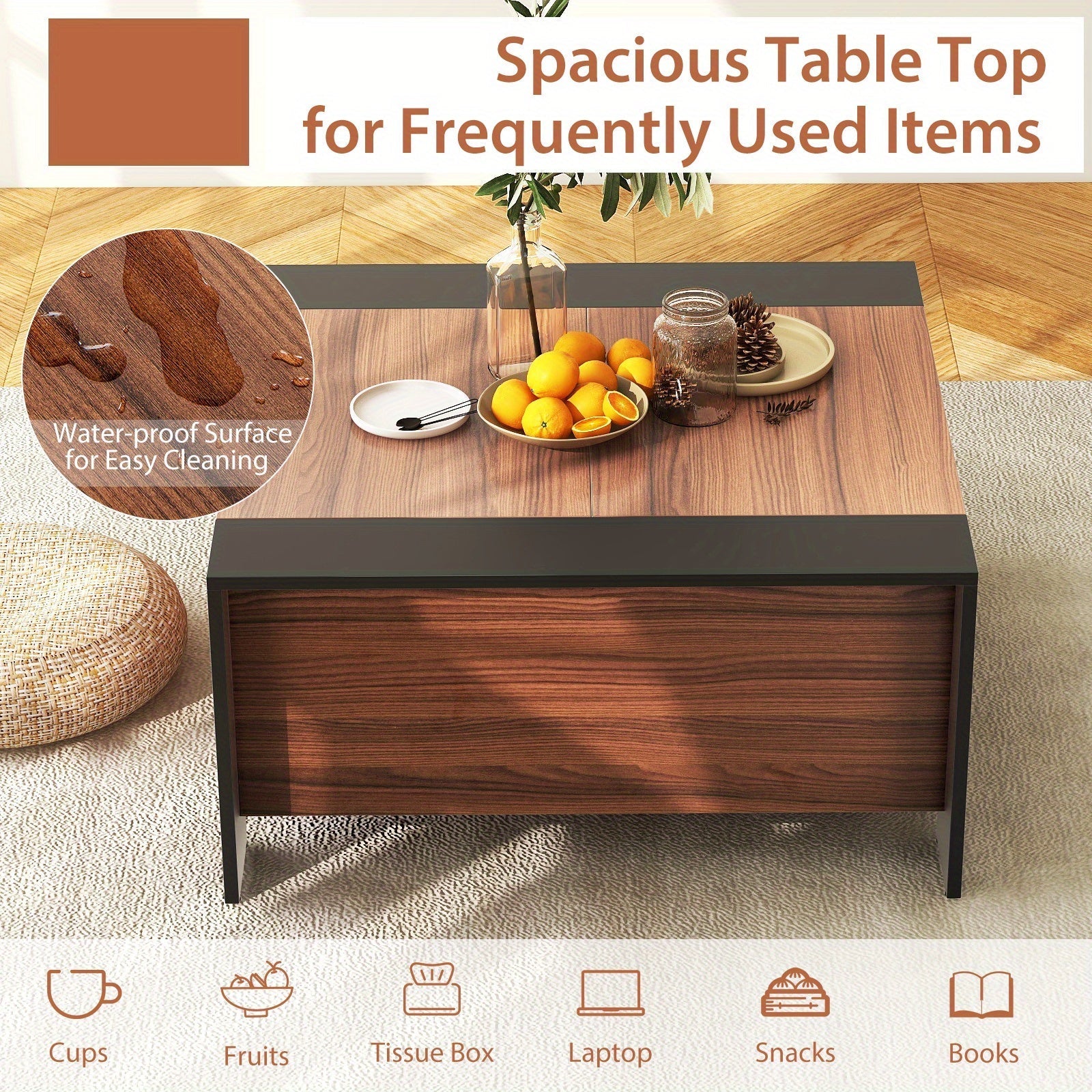 96cm Coffee Table Square Cocktail Tea Table w/ Sliding Top & Hidden Compartment