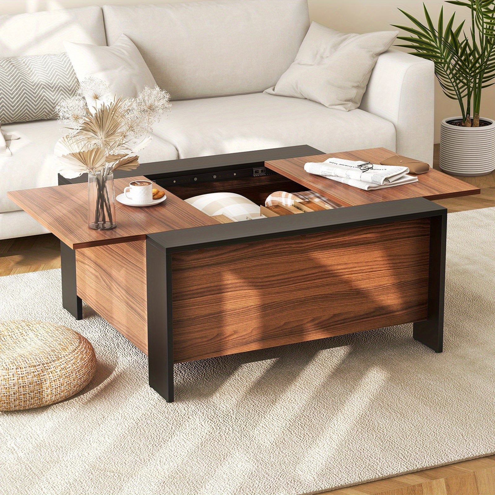 96cm Coffee Table Square Cocktail Tea Table w/ Sliding Top & Hidden Compartment