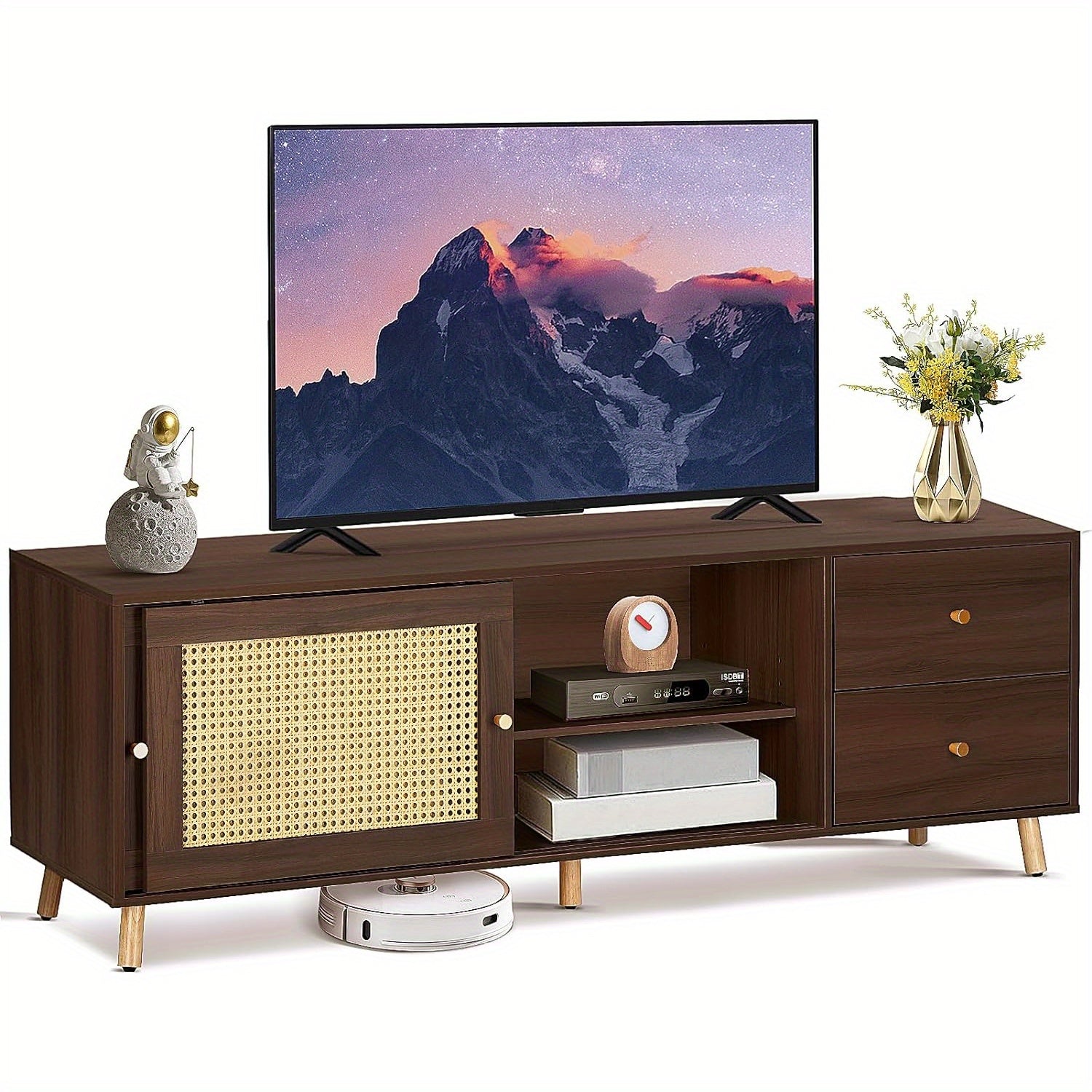 TV Stand for 50 55 60 65 inch TV, Entertainment Center with Adjustable Shelf, Rattan TV Console with 2 Cabinets & 2 Drawers, Media Console for Living Room, Bedroom, Natural