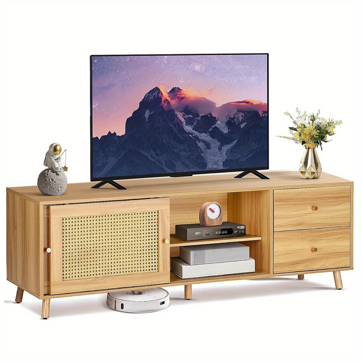 TV Stand for 50 55 60 65 inch TV, Entertainment Center with Adjustable Shelf, Rattan TV Console with 2 Cabinets & 2 Drawers, Media Console for Living Room, Bedroom, Natural