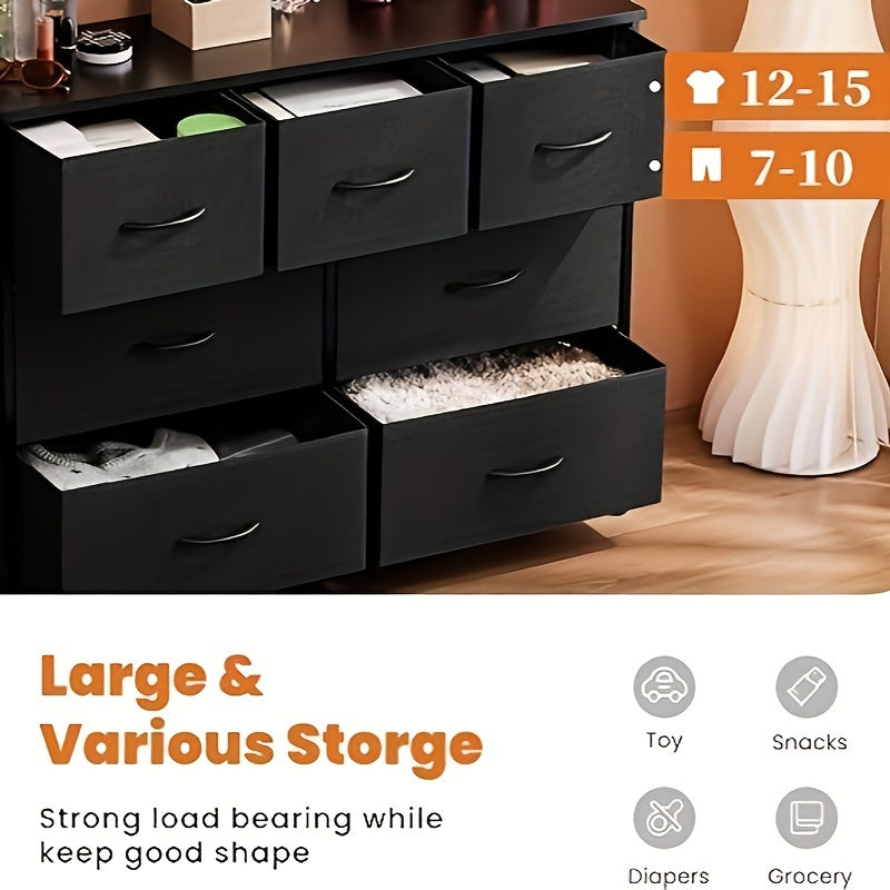 7-Drawer Fabric Storage Tower Dresser With Wooden Top, Supports Up To 45" TV, Spacious Storage Supplies For Bedroom, Wardrobe, Entryway & Nursery, Casual Style Freestanding Chest, Includes Cloth Storage Bins