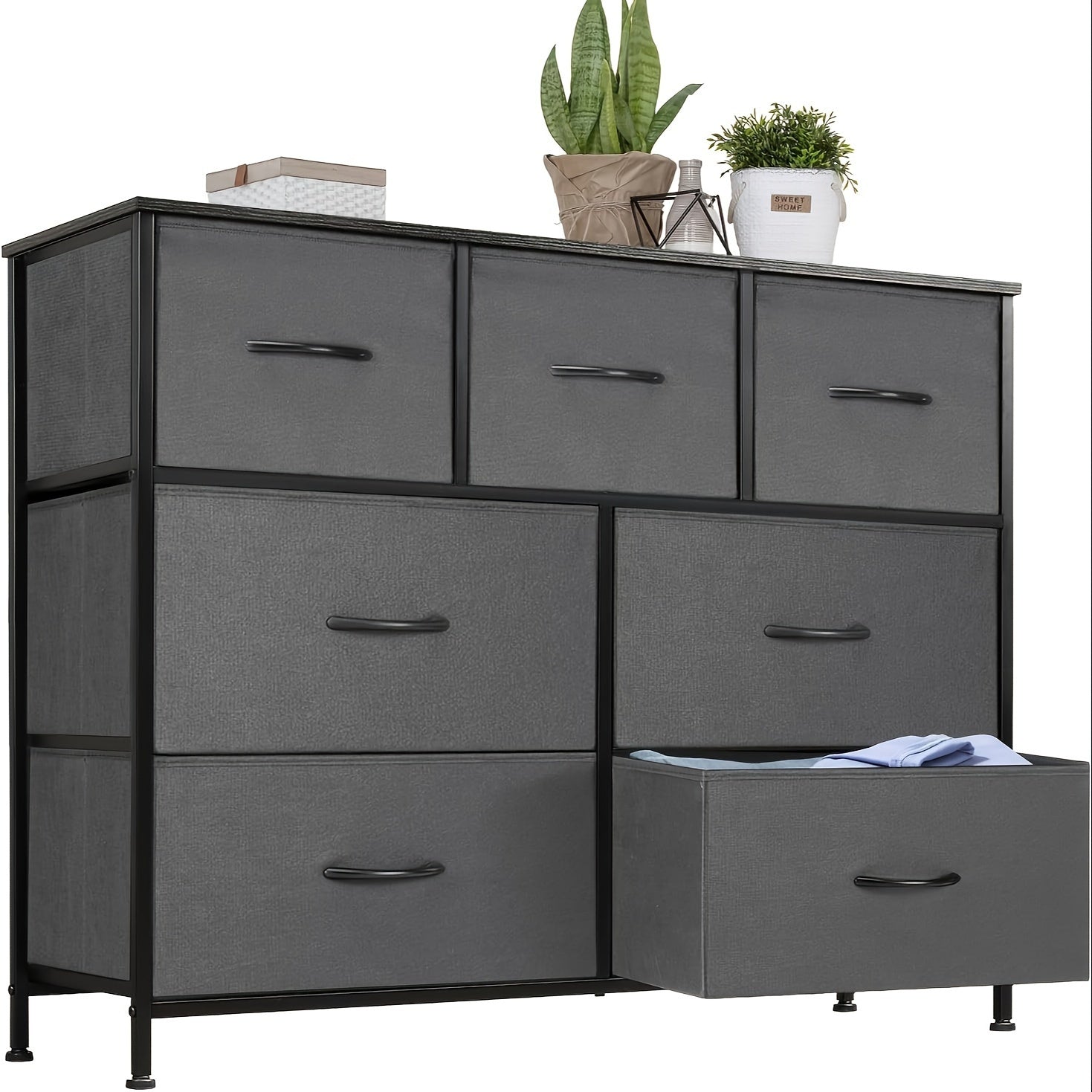 7-Drawer Fabric Storage Tower Dresser With Wooden Top, Supports Up To 45" TV, Spacious Storage Supplies For Bedroom, Wardrobe, Entryway & Nursery, Casual Style Freestanding Chest, Includes Cloth Storage Bins