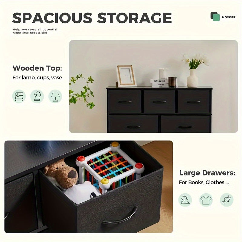 7-Drawer Fabric Storage Tower Dresser With Wooden Top, Supports Up To 45" TV, Spacious Storage Supplies For Bedroom, Wardrobe, Entryway & Nursery, Casual Style Freestanding Chest, Includes Cloth Storage Bins