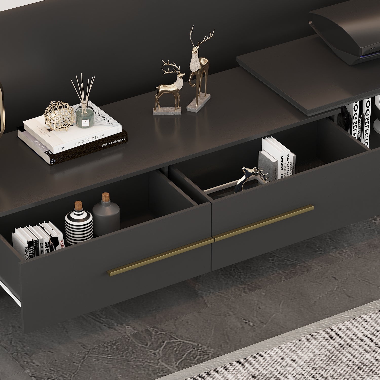 Modern TV Console Cabinet, Adjustable Length Media Console, Contemporary Entertainment Center with Drawers and Legs, for Living Room