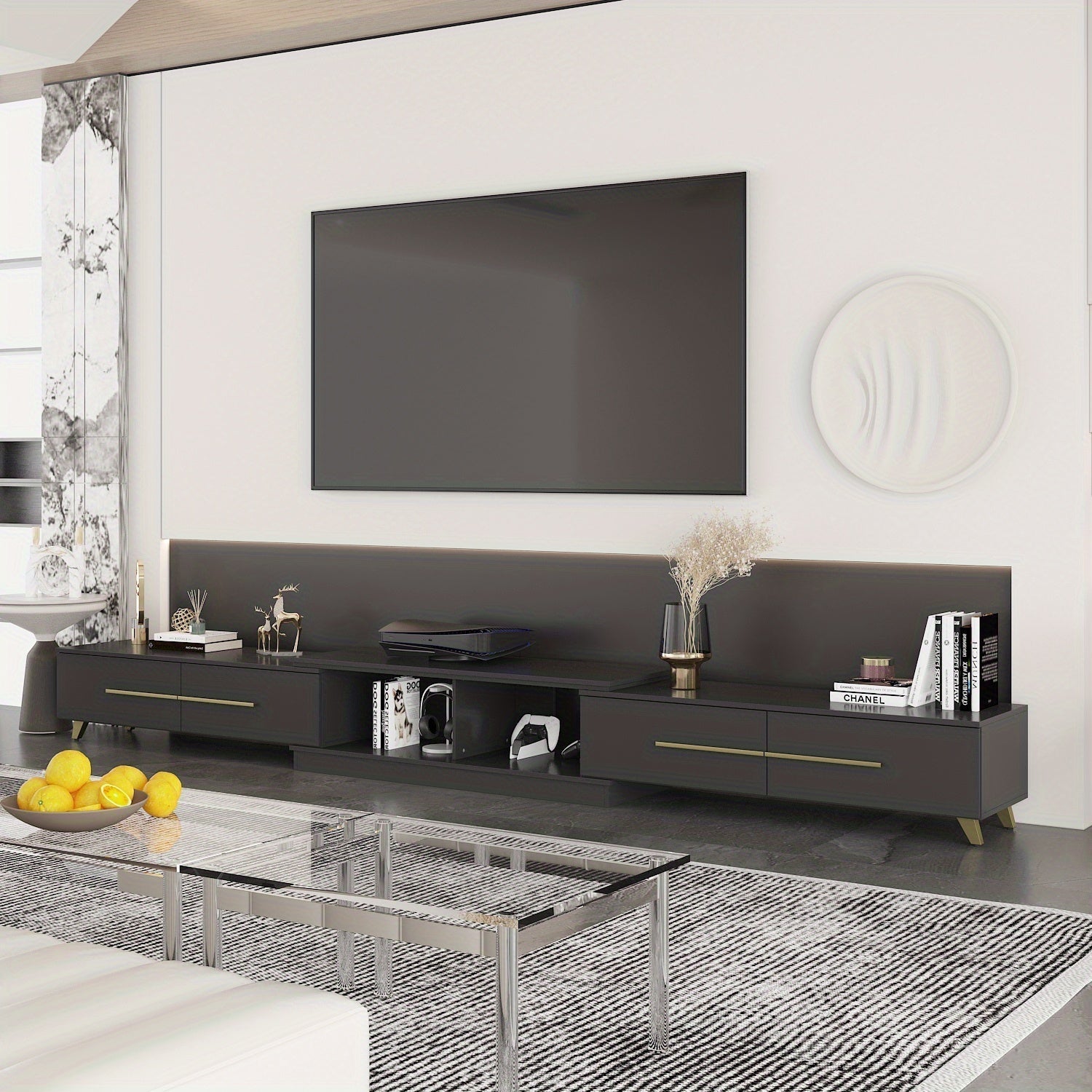 Modern TV Console Cabinet, Adjustable Length Media Console, Contemporary Entertainment Center with Drawers and Legs, for Living Room