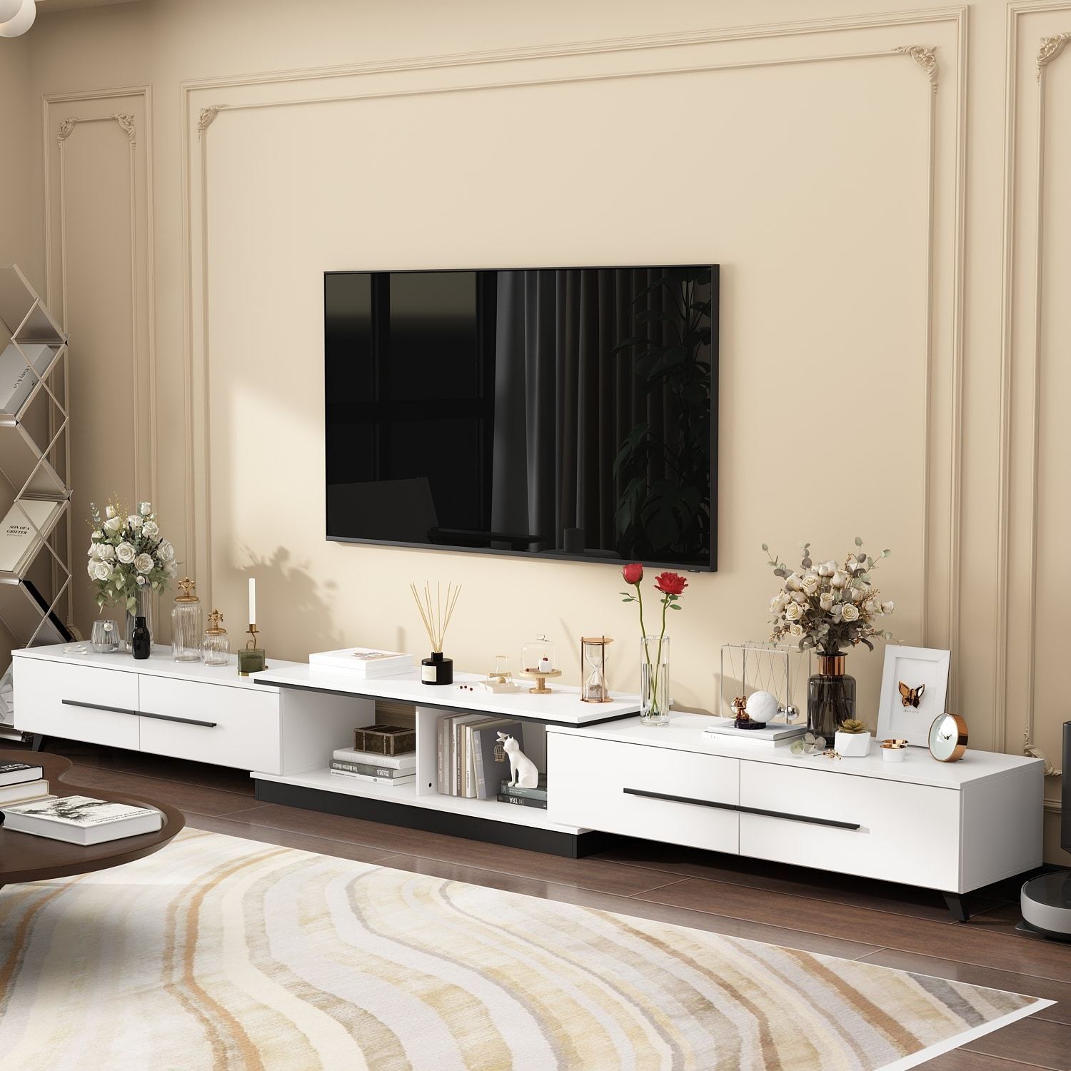 Modern TV Console Cabinet, Adjustable Length Media Console, Contemporary Entertainment Center with Drawers and Legs, for Living Room