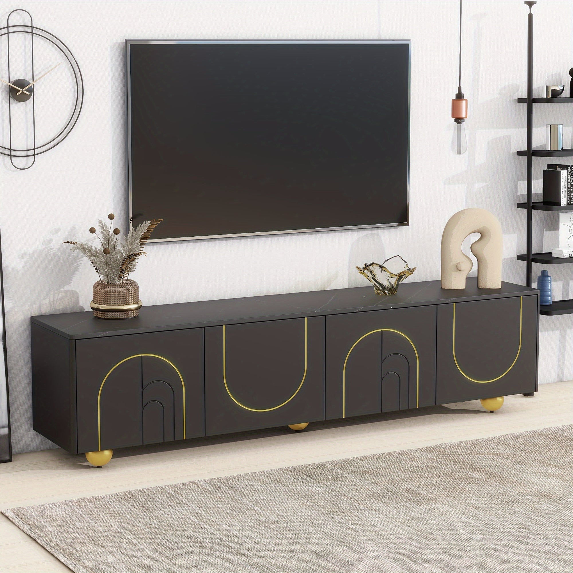 Modern living room TV cabinet media console with marble top and golden round metal legs