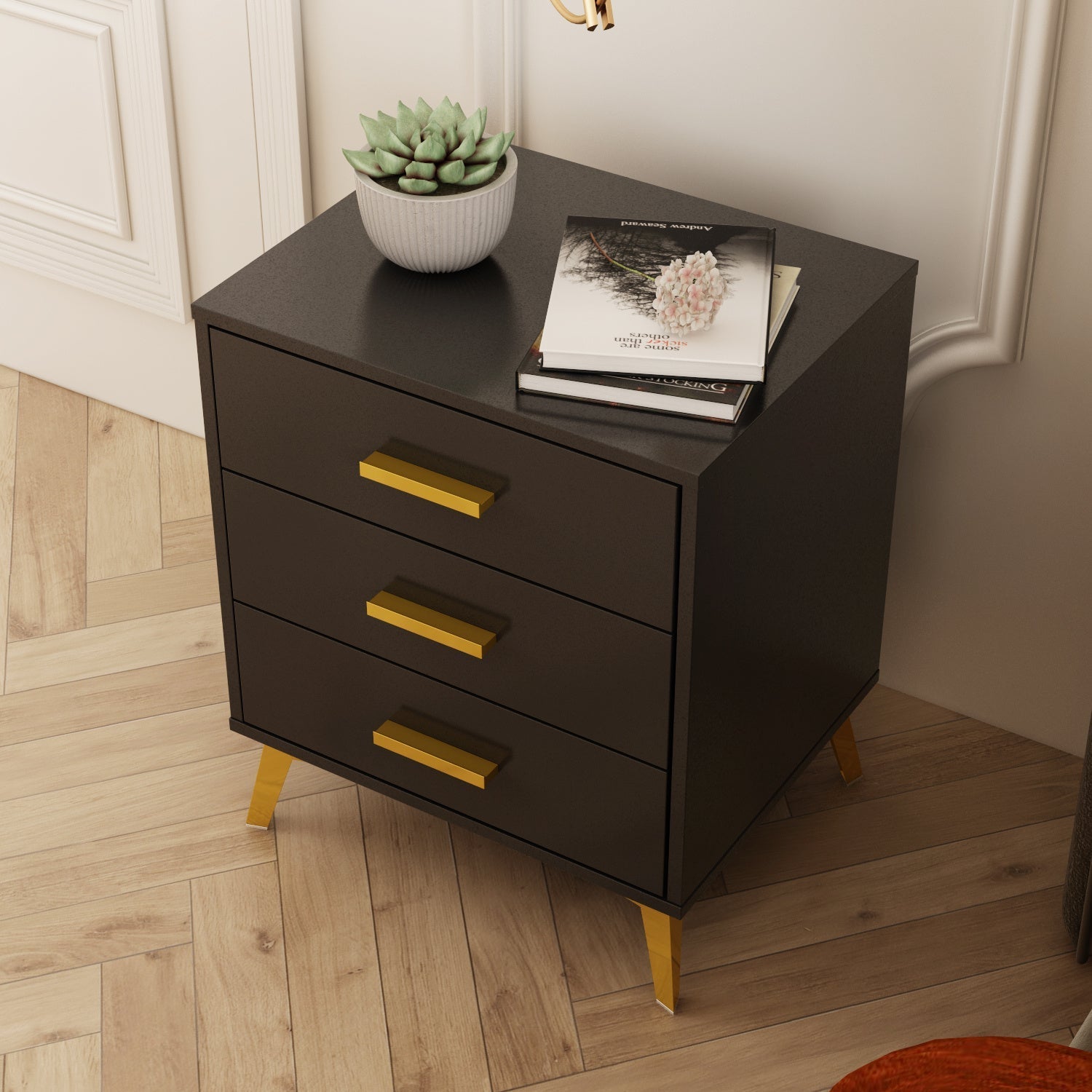 White Nightstand with 3 Drawers, Bedside Table, End Table with Golden Metal Legs, Storage for Small Spaces in Bedroom or Living Room