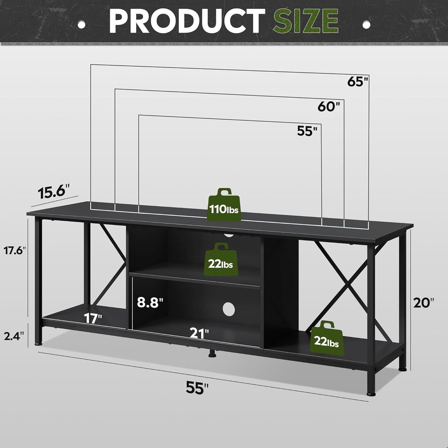 TV Stand for 55 65 Inch TV, Entainment Center with Storage, TV Console for Bedroom and Living Room, Industrial Midea Console with Open Shelf and Metal Frame