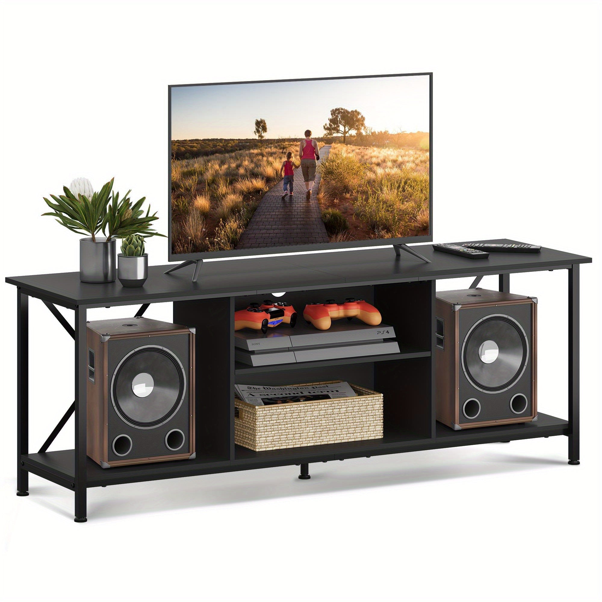 TV Stand for 55 65 Inch TV, Entainment Center with Storage, TV Console for Bedroom and Living Room, Industrial Midea Console with Open Shelf and Metal Frame