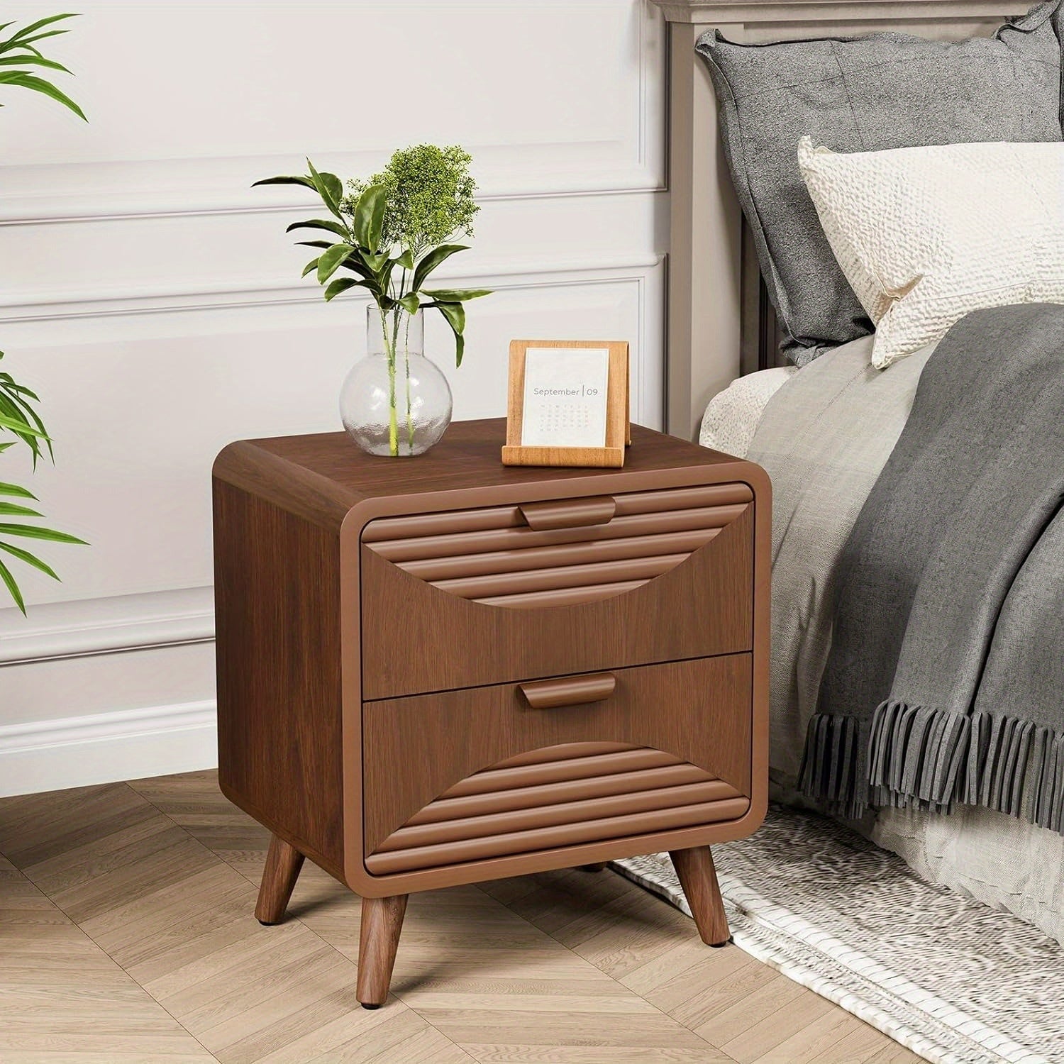 Mid-Century MDF Nightstand, Small End Table with Stripe Pattern, Brown Wood Bedside Table with 2 Drawers for Living Room Bedroom