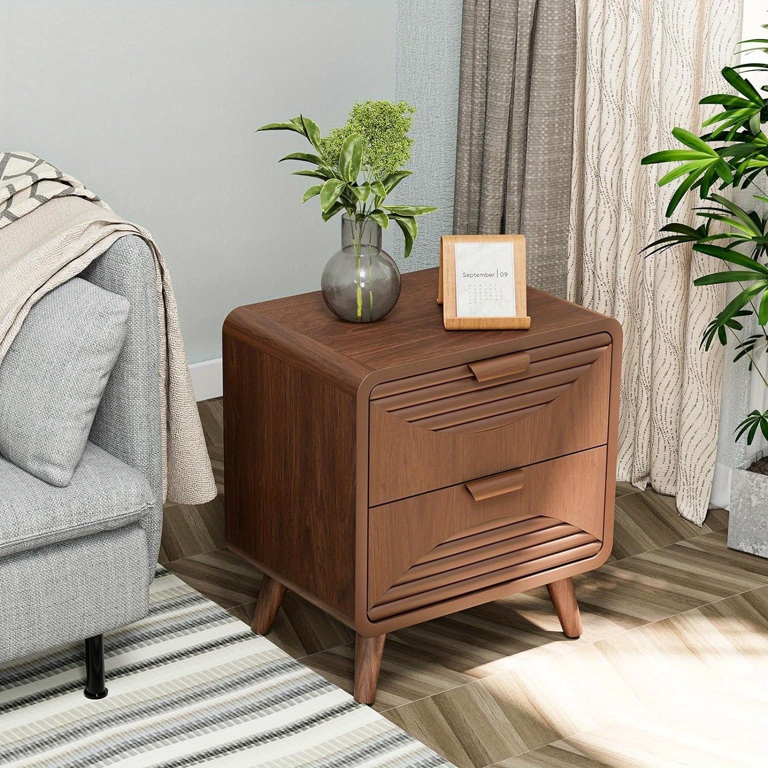 Mid-Century MDF Nightstand, Small End Table with Stripe Pattern, Brown Wood Bedside Table with 2 Drawers for Living Room Bedroom