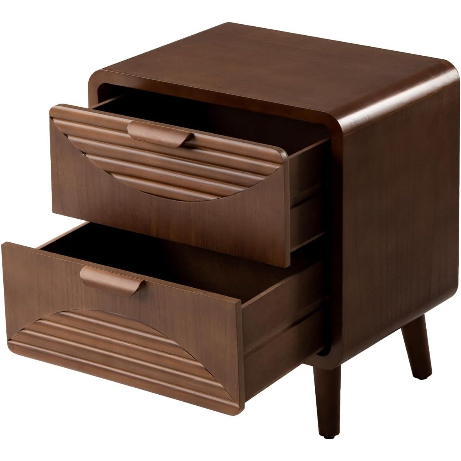 Mid-Century MDF Nightstand, Small End Table with Stripe Pattern, Brown Wood Bedside Table with 2 Drawers for Living Room Bedroom