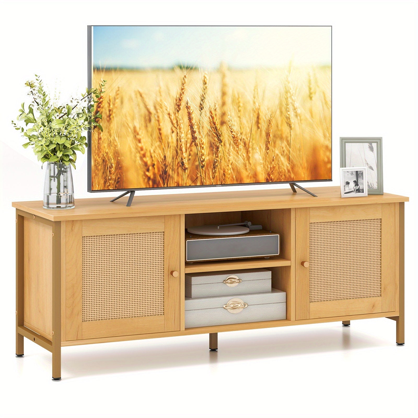 Boho TV Stand for TV up to 55'' w/ Faux Rattan Door, Open Shelf & Side Cabinet