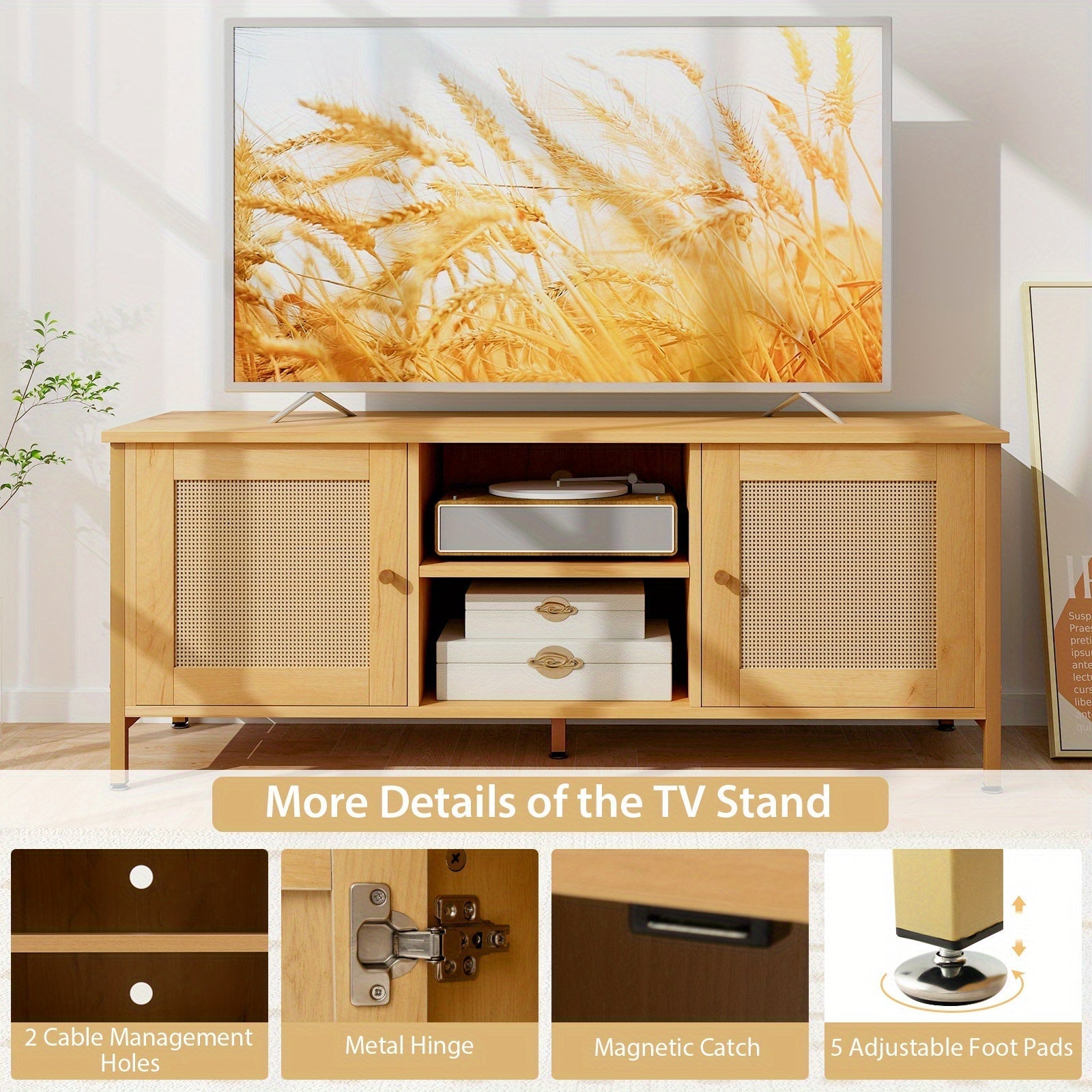 Boho TV Stand for TV up to 55'' w/ Faux Rattan Door, Open Shelf & Side Cabinet