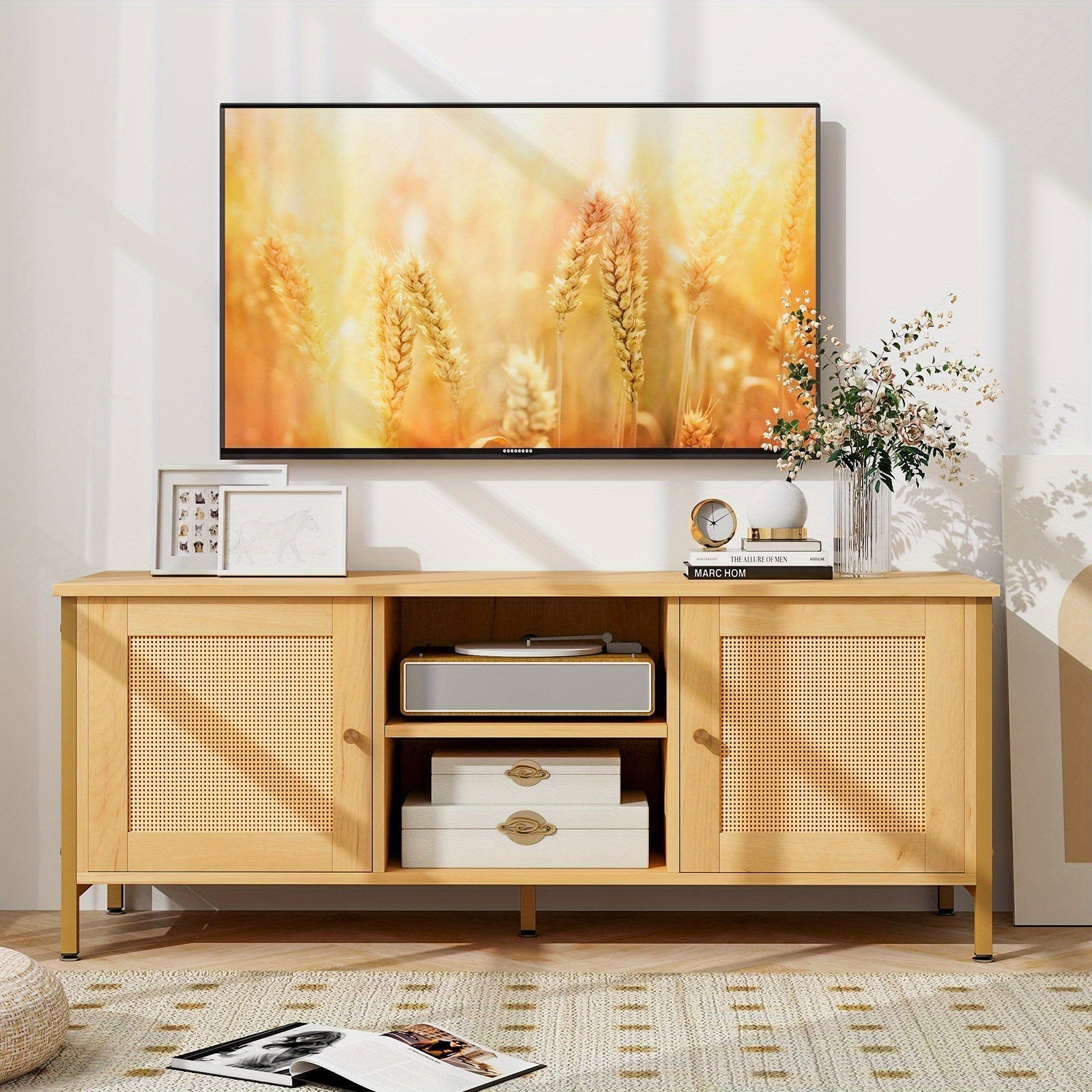 Boho TV Stand for TV up to 55'' w/ Faux Rattan Door, Open Shelf & Side Cabinet