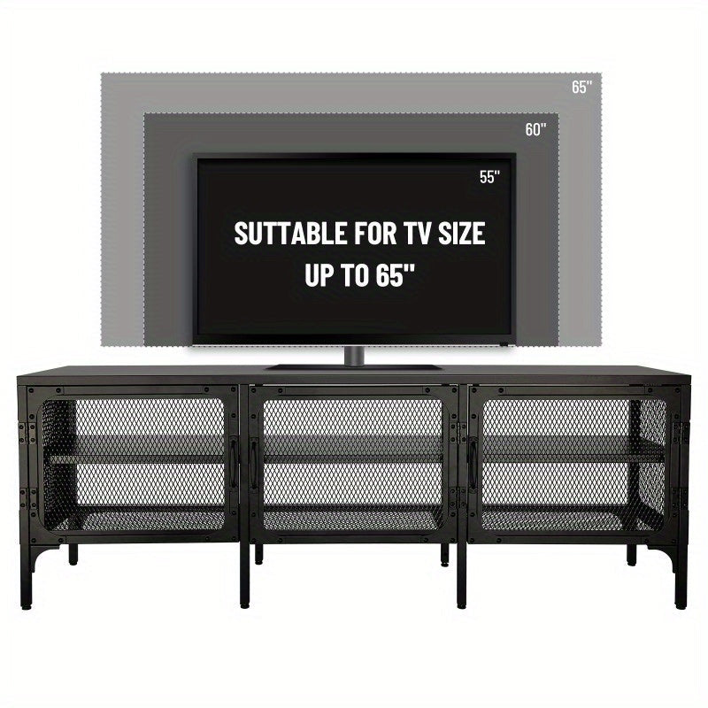 Industrial Wood and Metal TV Stand Entertainment Center Cabinet TV Console Table with 3 Metal Mesh Doors 2-Tier Storage Shelves for Living Room Frosted Black