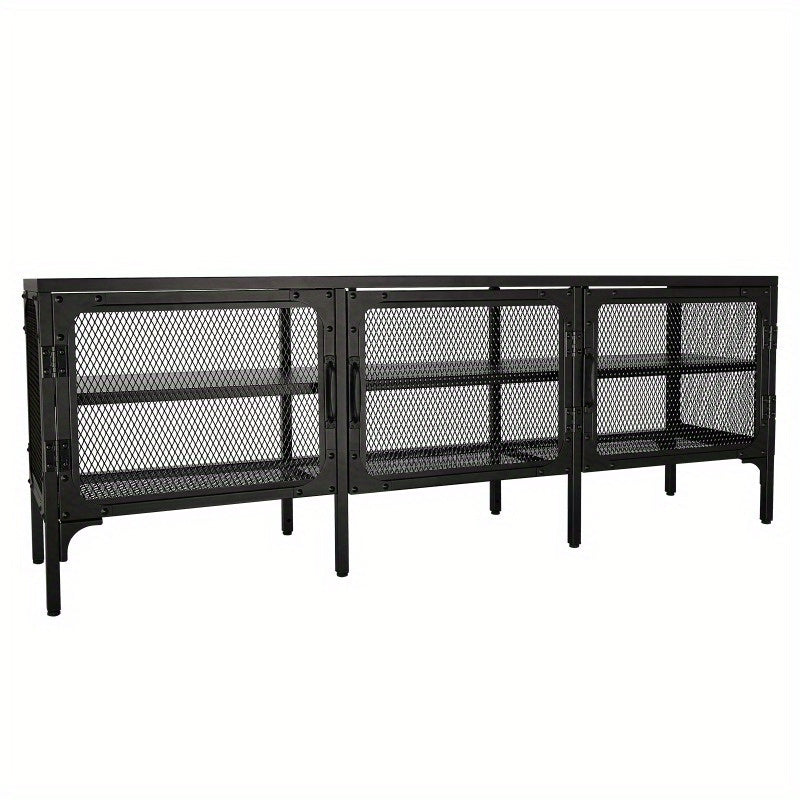 Industrial Wood and Metal TV Stand Entertainment Center Cabinet TV Console Table with 3 Metal Mesh Doors 2-Tier Storage Shelves for Living Room Frosted Black